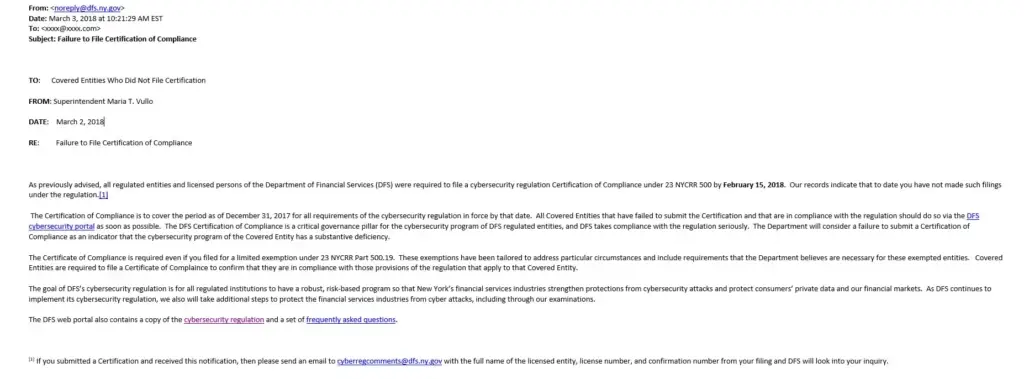 NY DFS Email