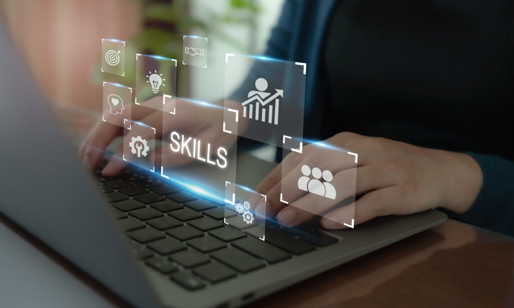 Skill development and training. Personal development. New skill, upskill and reskill concept. Digial and AI technologies are transforming. New occupations emerge, employee adaptation.