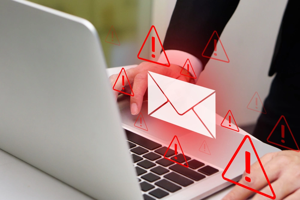 Business Email Compromise (BEC) shown with email and warnings