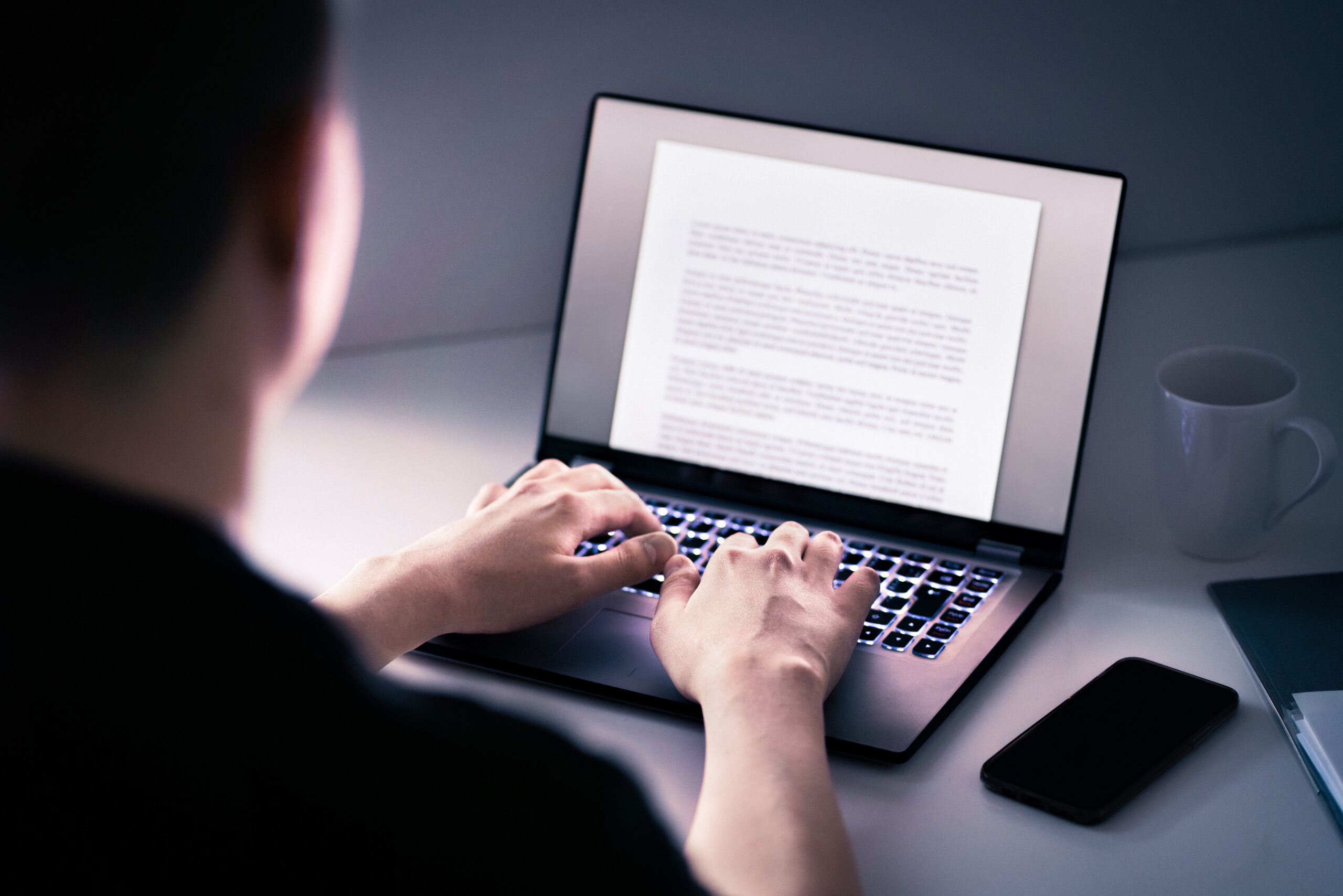 Writer writing content or blog with computer. Article, letter, cv work application or college essay with laptop. Typing text. News report, book or journal. Journalist or editor. Digital document.